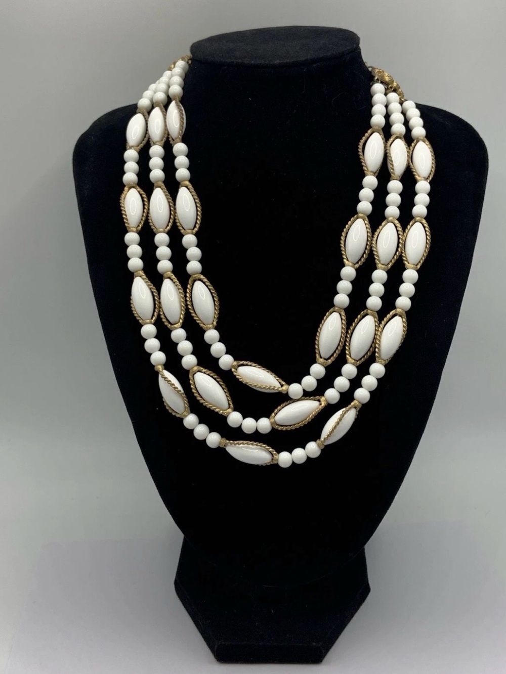 Vintage Three-Strand White Bead Necklace with Gold Accents